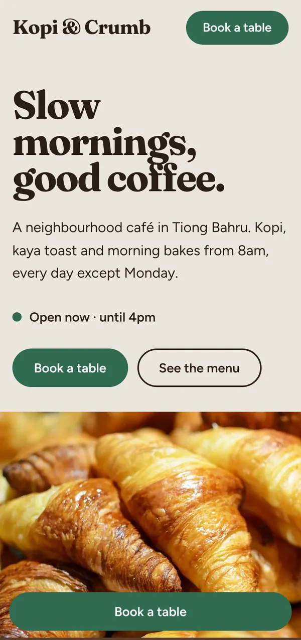 The Kopi & Crumb café website on a phone, with Book a table and See the menu buttons