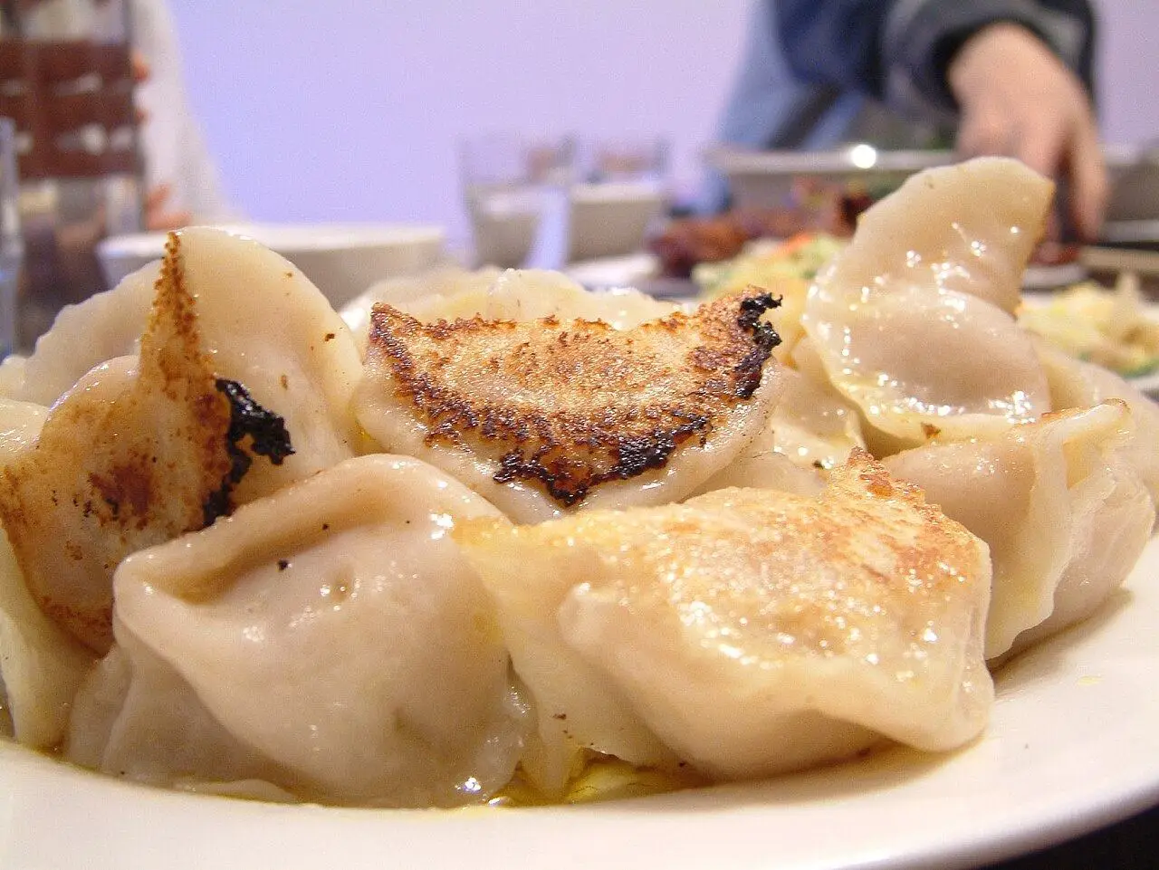 A plate of pan-fried pork and chive dumplings